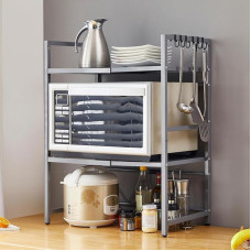 Išplečiamas mikrobangų krosnelės stovas, teleskopinis virtuvės stalviršio laikymo organizatorius su 6 kabliukais, laisvai stovintis reguliuojamas prieskonių stovas, sunkus mikrobangų krosnelės stovas, kepėjo stovas, puodų ir