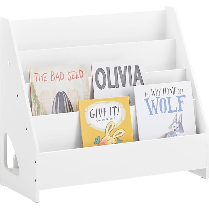 SoBuy Montessori KMB32-K-W Vaikų knygų spinta su 4 atvirais skyriais ir 1 lentyna Vaikų kambario žaislų saugykla Knygų rėmelis Pakabinama ventiliatoriaus lentyna Balta 70 x 60 x 30 cm