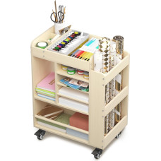 Medinis riedantis vežimėlis organizatorius menų ir amatų reikmenims, daugiafunkcinė saugojimo spinta, amatų vežimėlis su popieriaus dėklu, meno reikmenų vežimėlis klasei, biurui, miegamajam