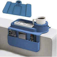 Couch-Getränkehalter, Silikon, rutschfest, mit zwei Seitentaschen, blaues Anti-Verschütten, Sofa-Arm-Getränkehalter, große Speicherkapazität, Couch-Arm-Tablett für Tasse, Telefon, Tablet
