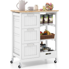 COSTWAY Kitchen Trolley with Tray, 2 Levels Storage Shelf and 3 Large Drawers, Kitchen Cabinet Rollable, Kitchen Island Made of Rubber Wood, Serving Trolley 67 x 37 x 82.5 cm