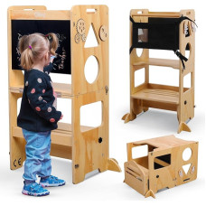 Olvy Kids 3-in-1 Montessori mokymosi bokštas, sulankstomas mokymosi bokštas, mediniai laipteliai, vaikiškas laiptelis 3 laipteliai, virtuvės bokštas, stovintis vaikų mokymosi bokštas nuo 1 metų, vaikų laiptai