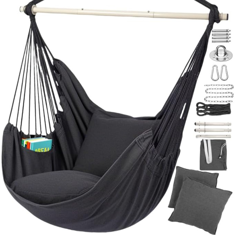 Lauko kabantis balkono ir sodo krėslas, kabantis krėslas su 2 pagalvėlėmis ir tvirtinimo priedais, kabančios sūpynės be rėmo, vidaus ir lauko, poilsiui, skaitymui, pilkos spalvos