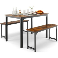 HOMASIS 3-Piece Dining Set Dining Room Table with Chairs for 4 People, Dining Set with 2 Wooden & Metal Benches, Industrial Style Dining Table Set, Kitchen Furniture for Dining Room, 110 x 70 x 75 cm (Brown)