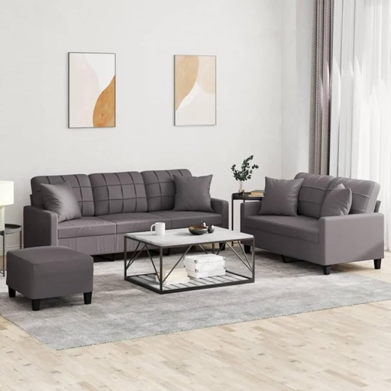 LAPOOH 3201395 3 dalių sofos komplektas su pagalvėlėmis Pilka dirbtinė oda, Sofos ir sofos, Sofa Svetainė, Sofa paauglių kambariui, Sofa poilsiui, Sofa miegamajam, Minkšta sofa
