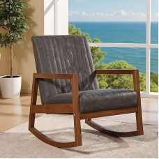 chairus Rocking Chair, Wooden Rocking Chair with Armrests, Faux Leather, Nursing Chair, Living Room, Bedroom, Padded Swing Chair, Retro Nursing Chair, Grey