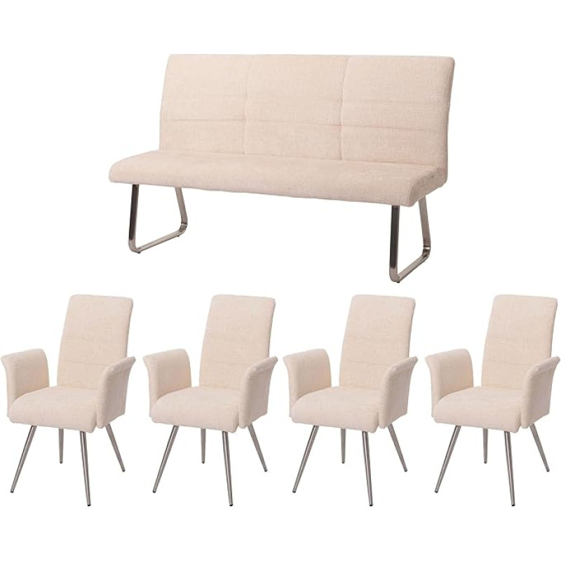 HWC-G55 Valgomojo 4 kėdžių su porankiais ir suolu komplektas 160 cm Šlifuotas nerūdijantis plienas Audinys/Tekstilė Chenille Cream