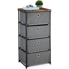 Relaxdays Chest of Drawers, 4 Fabric Drawers, Metal, Wood Look, 85 x 43 x 33 cm, Living Room, Hallway, Side Chest of Drawers, Grey/Brown