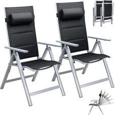 BAKAJI 2 x sodo kėdės su aukštu atlošu, itin paminkštintos, sulankstomos, su aliuminio rėmu ir porankiais, su galvos ir juosmens atlošu, reguliuojamos 8 kryptimis, lauko