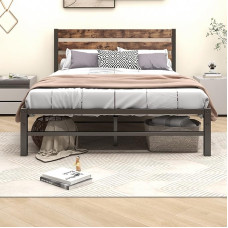 Modern Metal Bed Frame, Metal Bed Frame with Wooden Headboard, Bed Frame with Slatted Frame for Bedroom, Guest Room, Easy Assembly, 120 x 200 cm, Black/Brown