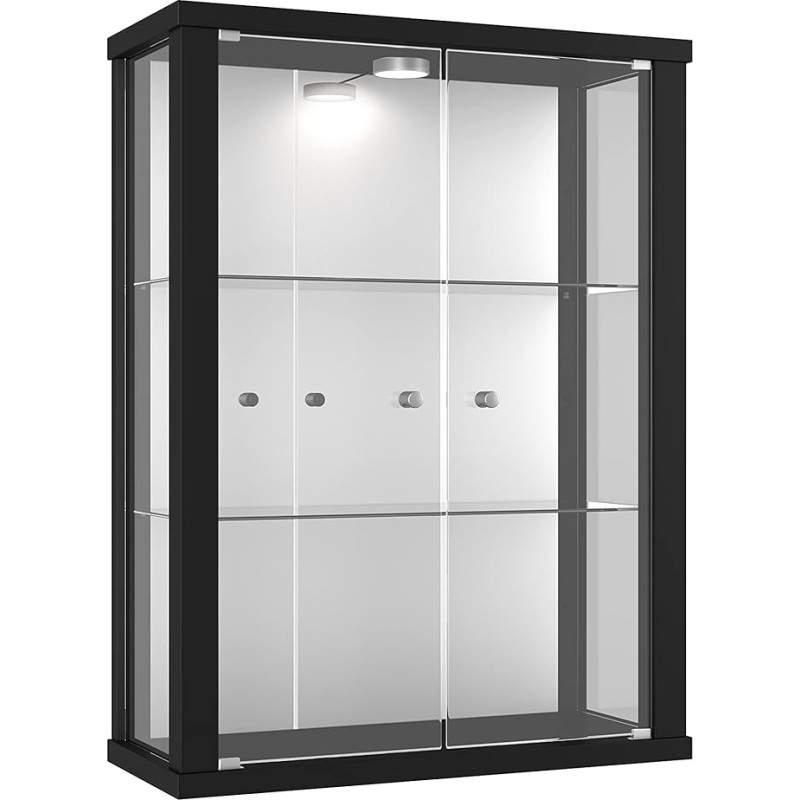 K-Möbel Hanging Display Cabinet in Black (80 x 60 x 25 cm) with 2 Height-Adjustable Glass Shelves, Mirror & LED - Model Car Display Case Black - Display Cabinet Black - Collector's Display Case -
