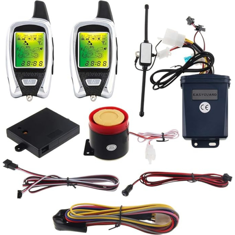 Easyguard EM209 2-Wege-Motorrad-Alarmanlage mit Fernbedienung Motorstart-Mikrowellensensor, farbiges LCD-Pager-Display, Stoßsensor, Näherungssensor inklusive Universalversion 12 V Gleichstrom