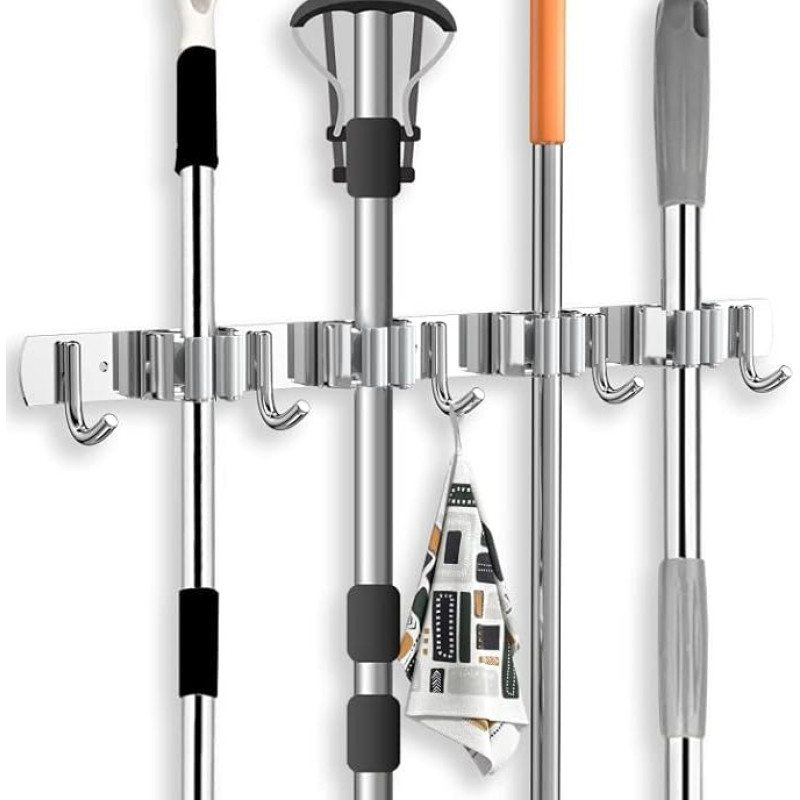 Newaner Broom Holder Wall Drilling Self-Adhesive Stainless Steel Tool Holder Wall Mount Metal with 4 Holders and 5 Hooks, Broom Holder, Garden Tool Holder for Kitchen, Cabinets, Bathroom, Garage,