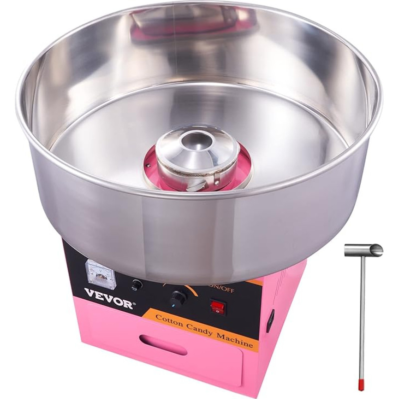 VEVOR elektrinis cukraus vatos aparatas 1000 W, komercinis cukraus vatos aparatas su nerūdijančio plieno dubeniu, cukraus semtuvėliu ir stalčiumi, puikiai tinka namams, vaikų gimtadieniui, šeimos šventei, rožinis