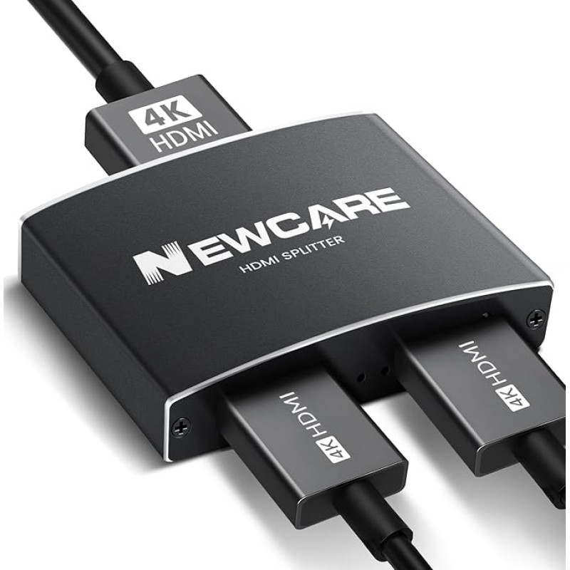 NEWCARE HDMI skirstytuvas 1 į 2 išvestis, 4K HDMI skirstytuvas dviem monitoriams dubliuoti / dubliuoti su 1,2 m HDMI kabeliu, HDMI skirstytuvas vienu metu palaiko du skirtingus / to paties dydžio televizorius