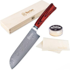 Bacher Santoku Damasko peilis 18 cm - Damasko virtuvinis peilis, pagamintas iš 67 sluoksnių, pagamintų iš 10 V - profesionalus aštrus virėjo peilis, pagamintas iš tikro japoniško Damasko plieno su Pakka medine rankena - Damaskas