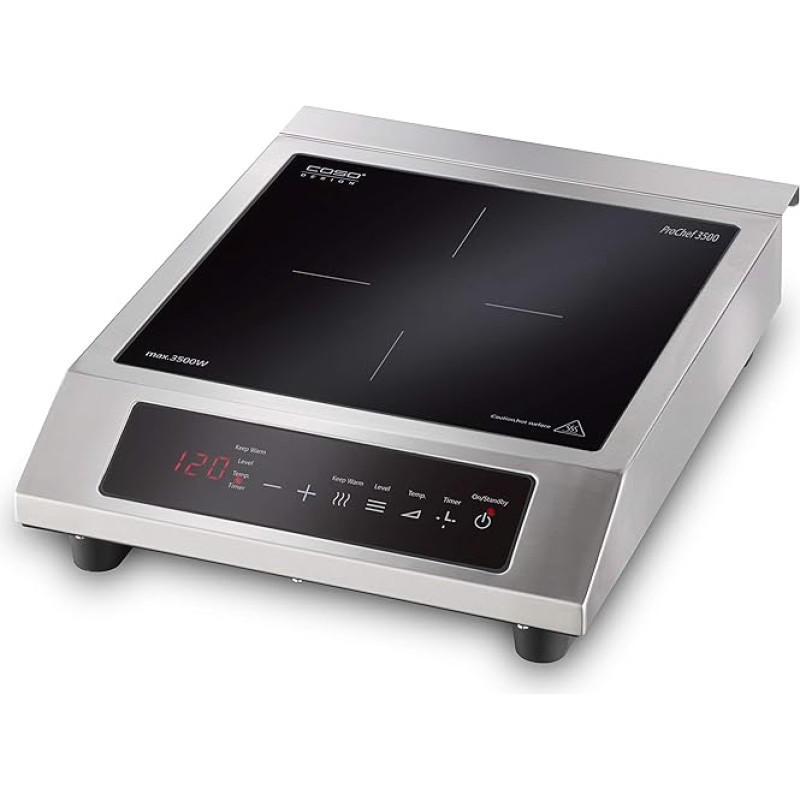 CASO ProChef 3500 Mobile Single Induction Hob, 3500 Watt, Temperature 60-240°C, Hob with Timer and Keep Warm Function, 12 Power Levels, Stainless Steel Housing, for Pot Sizes 12 - 28 cm