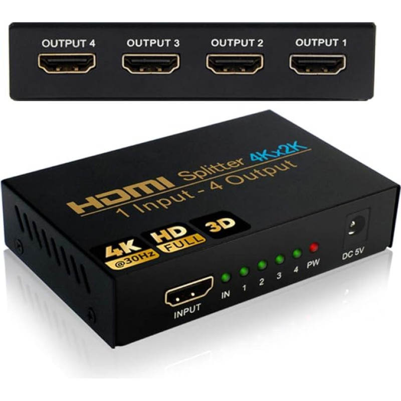 HDMI daliklis 1 į 4 išėjimai HDMI jungiklis Garso daliklis 4K HDMI dubliavimo įrenginys HDCP/UHD/1080P@30Hz 3D 4K@30Hz für/Kompatibal mit Xbox/PS4/PS3/Google Chromecast/AppleTV/Blu-Ray/HDTV/Sky Box Fire Stick/DVD