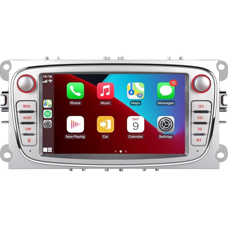 LXKLSZ Car Radio Compatible with Wireless Carplay Android Car for Ford Focus S-MAX C-MAX KUGA with IPS Touch Screen/Bluetooth/Mirror Link/FM/AM/USB, Colour Silver