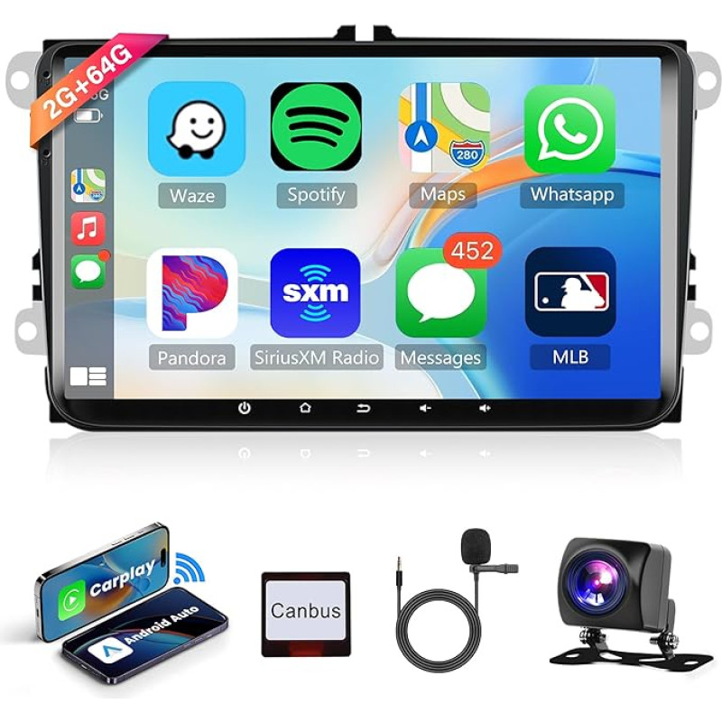 2G + 64G Wireless Carplay Android Car Radio for VW Golf 5 6 Passat Polo Tiguan Touran Caddy Skoda Seat 9 Inch Car Radio with Android Car GPS Navigation WiFi Mirror Link Bluetooth FM/RDS/DAB/EQ