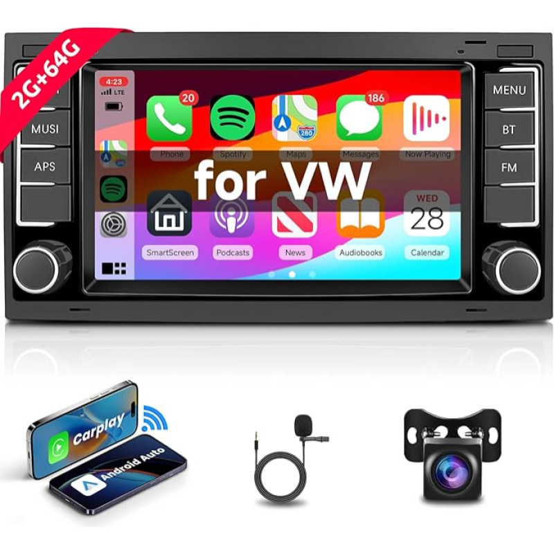 Hodozzy 2G + 64G Android Car Radio with Navigation System for VW Touareg Transporter Ts Multivan 2004-2011 Carplay Android Car, 7 Inch Touchscreen Bluetooth with Mirror Link Navigation WiFi SWC