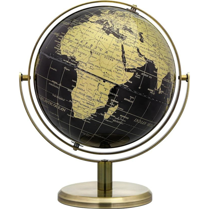 EXERZ 20 cm Globus Schwarz & Golden, 360° Drehbar - Weltglobus Lehrreich Geografisch - Bronzehalterung und Sockel. Englische Karte.