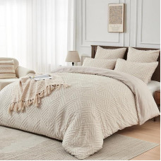 Boho patalynė 220 x 240 cm smėlio spalvos - geometriškai siūta, estetiška ir elegantiška, minkštas mikropluoštas, 3 dalys su užtrauktuku ir 2 pagalvių užvalkalais 80 x 80 cm