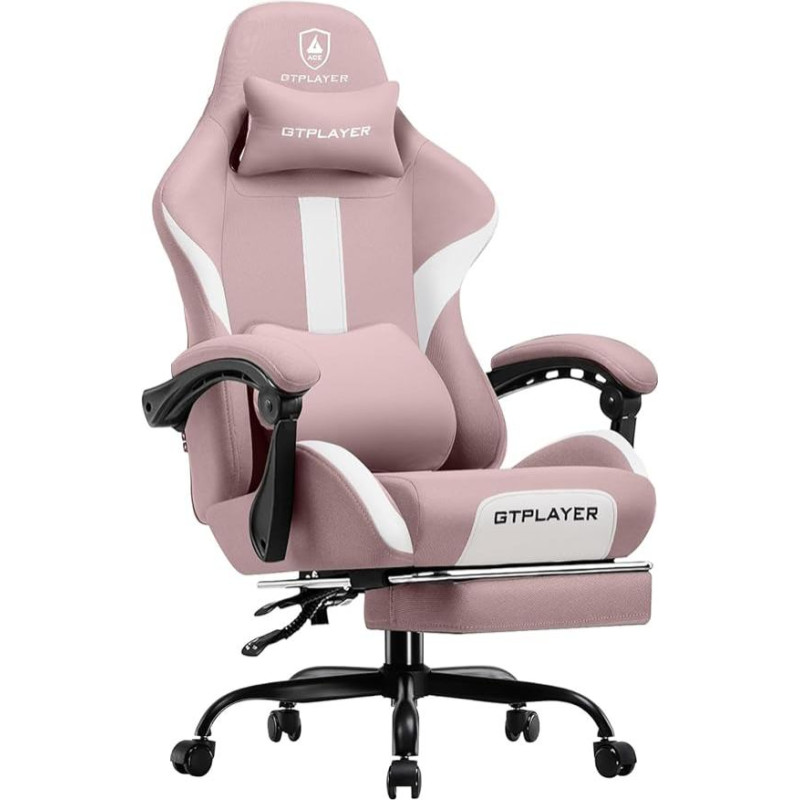 GTPLAYER žaidimų kėdė, žaidėjų kėdė, kvėpuojanti biuro kėdė, pagaminta iš aukštos kokybės audinio, ergonomiška kompiuterio kėdė, reguliuojama ir pasukama rašomojo stalo kėdė su atrama kojoms, rožinė