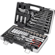 Colinių įrankių rinkinys, 92 dalys, nuimamas bitų laikiklis coliniams antgaliams, smulkių dantų reketai, palengvinantis kontroliuojamą varžtų sukiojimą, chromo vanadžio plienas