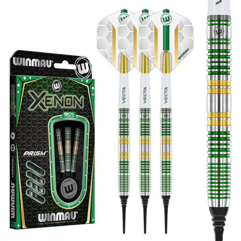 WINMAU Darts Xenon Series 90% Profesionalus volframo strėlių rinkinys su strėlių skrituliukais ir strėlių koteliais - galimi svoriai: 18 g minkštas antgalis, 23 g, 24 g ir 25 g plieninis antgalis.