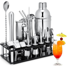Kokteilių maišytuvų rinkinys, 23 dalių nerūdijančio plieno barmenų rinkinys su akrilo stovu ir kokteilių receptų knygele, profesionalūs baro įrankiai gėrimams maišyti, baras, vakarėlis (įskaitant 4 viskio akmenis)