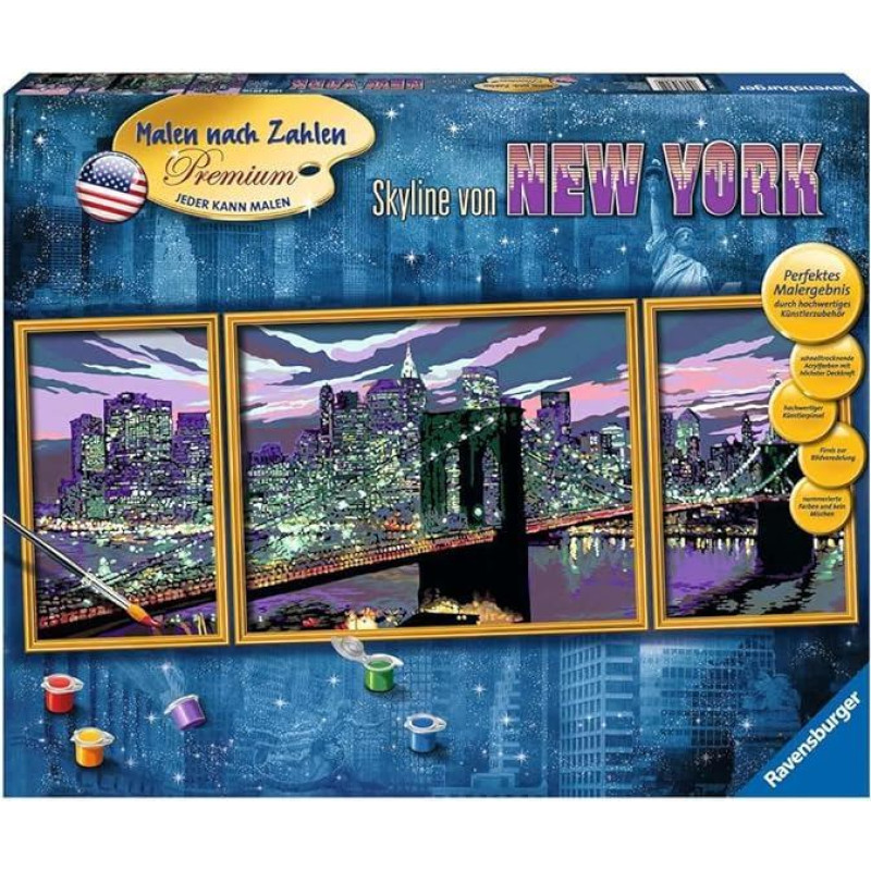 Ravensburger 28951 Niujorko dangoraižis, tapyba pagal skaičius, Premium triptikas, 100 x 40 cm