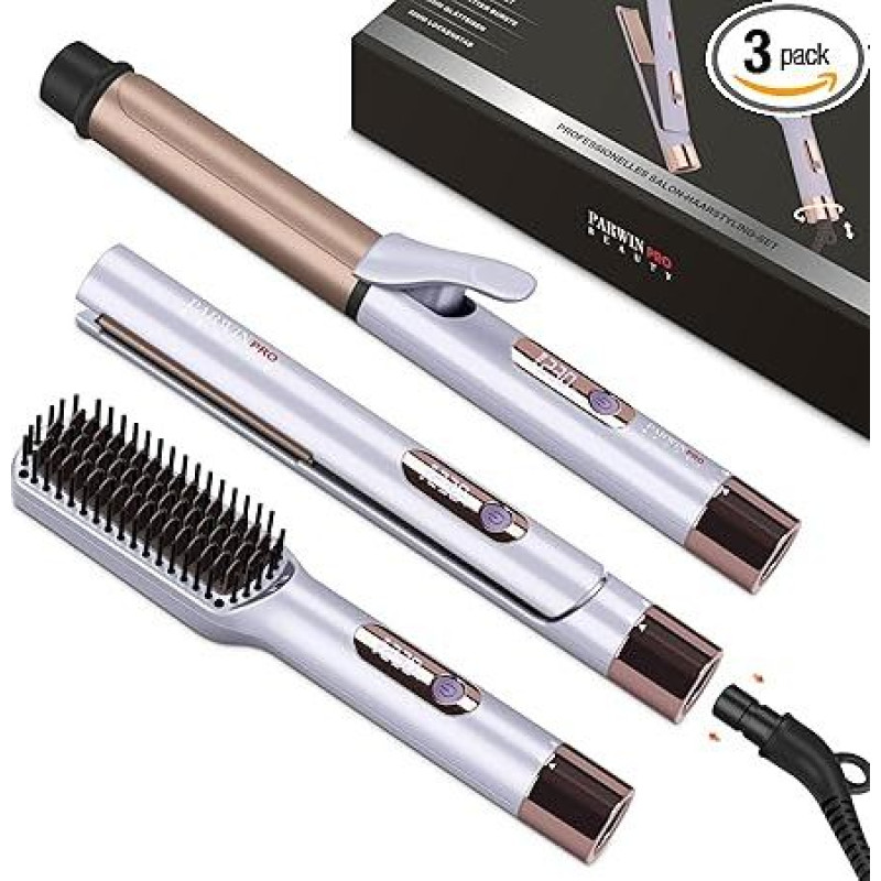 PARWIN PRO BEAUTY 3-in-1 stiliaus rinkinys, kurį sudaro 25 mm tiesintuvas, 32 mm garbanotuvas ir tiesinimo šepetys, su nuimamu maitinimo laidu, LED temperatūros reguliavimu ir greituoju kaitinimu, skirtas namams ir