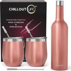 CHILLOUT LIFE Stainless Steel Wine Glasses, Set of 2, 12oz and 1 Insulated Wine Bottle, Double Walled Vacuum Insulated Wine Cups with Lids and Straws, Set - Rose Gold