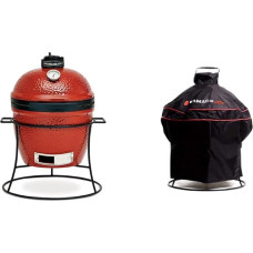 Kamado Joe - Joe Jr. 13.5 Inch Portable Charcoal Grill in Red with Cast Iron Stand, Heat Deflector and Ashtray + Grill Cover, Black