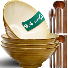 9.4 Inch Set of 4 Ceramic Ramen Bowls (16 Pieces) - Japanese Porcelain Dishwasher Safe Tableware with Fork Chopsticks Spoon for Pasta Soups Grain Salads Man Woman Gifts for New Houses