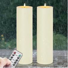 10 cm x 35 cm Flameless Waterproof LED Candles with Remote Control, Timer Function, Battery Operated Flickering Large Plastic Ivory Outdoor Candles (Durable 420 Hours, Pack of 2)