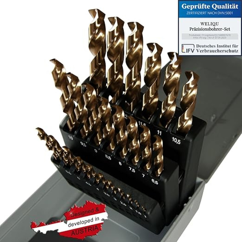 WELIQU Metalo grąžtų rinkinys HSS-E Cobalt Pro, 25 dalių, M35 suktuko grąžtų rinkinys, 1-13 mm, 0,5 mm žingsniai, savaime susikoncentruojantis, skirtas nerūdijančiam plienui, plienui, geležiai ir kt.
