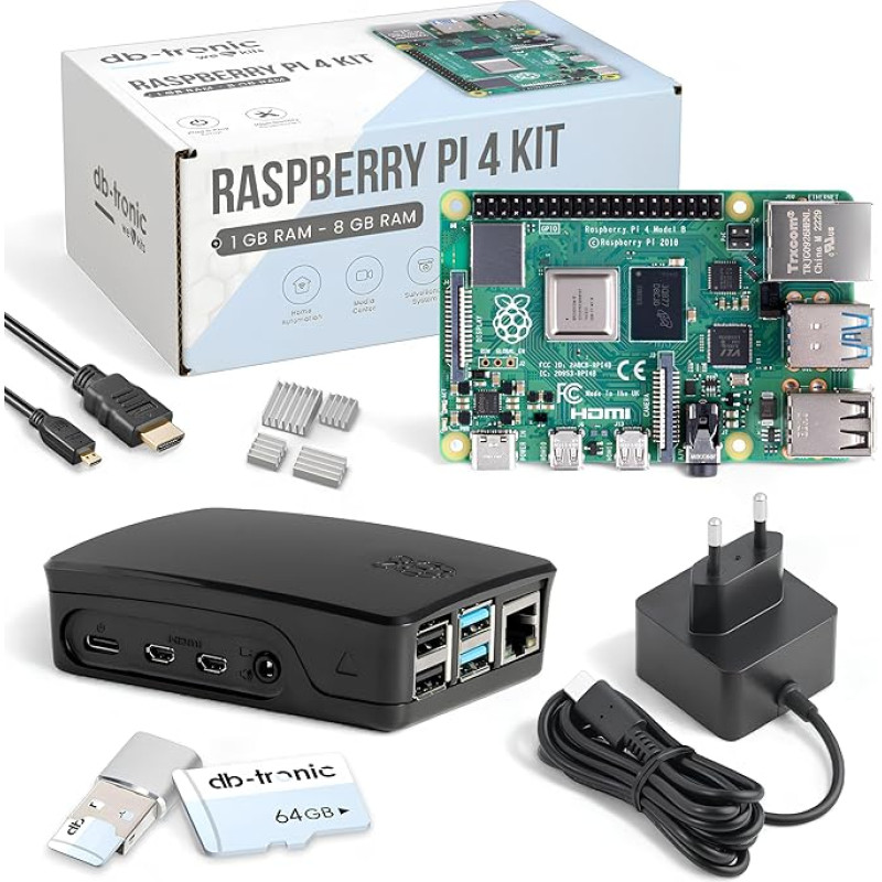 Raspberry Pi 4 4GB Starter Kit | 64GB Black Edition | Oficialus maitinimo šaltinis 15W | Oficialus korpusas | 4k Micro HDMI kabelis | Radiatoriaus rinkinys | USB kortelių skaitytuvas