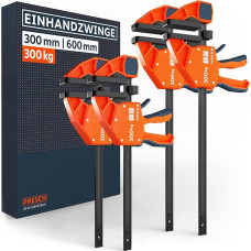 Presch 300 mm ir 600 mm vienrankiai spaustuvai, 4 vnt., 300 kg prispaudimo jėga, skirta greitam tvirtinimui, tvirti greito atlaisvinimo spaustuvai, pagaminti iš anglinio plieno ir stiklo pluoštu sutvirtinto korpuso, su išplėtimo galimybe.