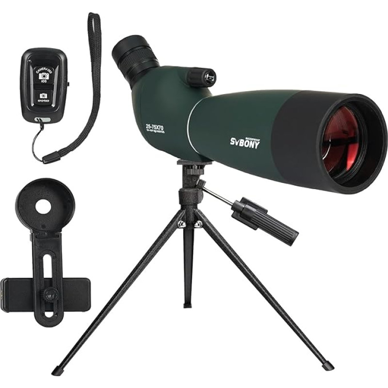 Svbony SV28PLUS Paukščių stebėjimo optinis taikiklis 25-75×70 mm su belaidžiu valdikliu, BAK4 A5 vyno raudonumo FMC objektyvas, skirtas šaudymui iš lanko, astronomijai