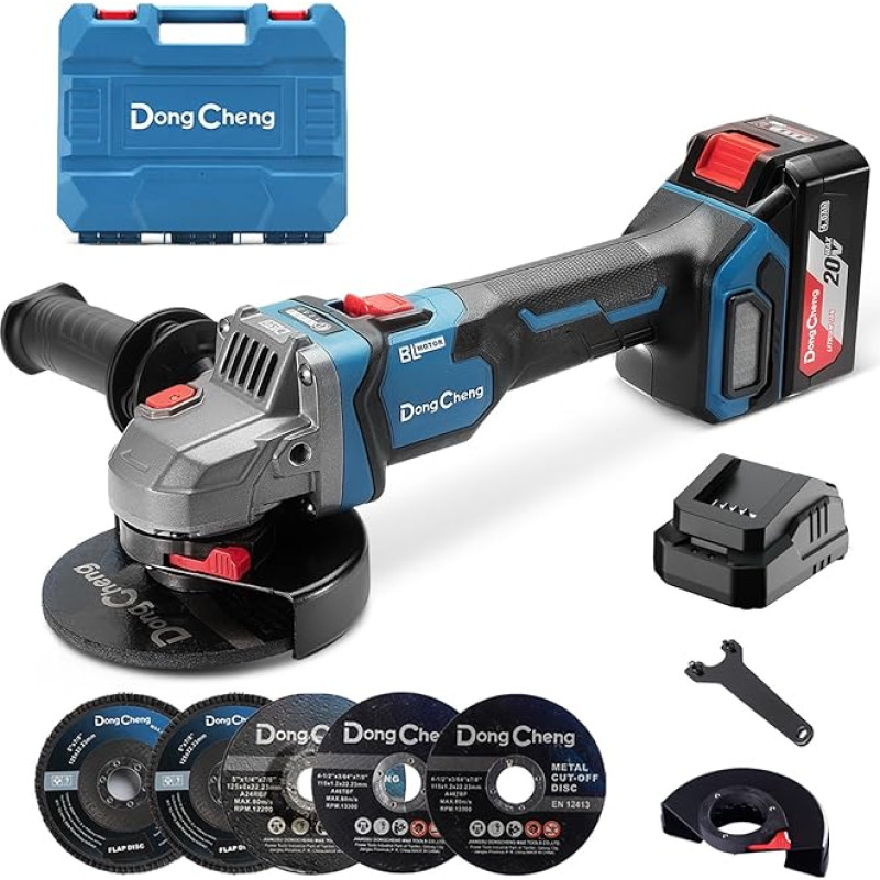 DongCheng akumuliatorinis kampinis šlifuoklis 18 V, skersmuo 125 mm, 1000 W, bešepetėlinis variklis, 3 greičio lygiai, greito atleidimo apsauga, antivibracinė rankena, yra 2 šlifavimo, 2 skyriai, 2 pjovimo diskai