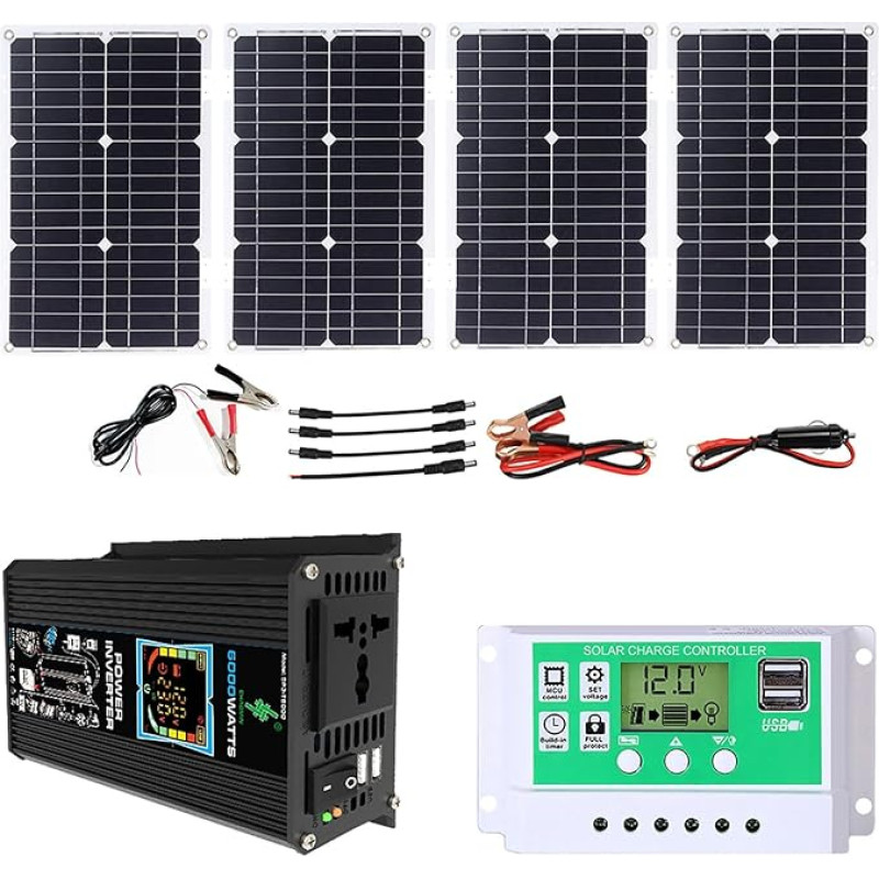 6000 W saulės energijos rinkinys su vandeniui atsparia 100 W plokšte ir 50 A valdikliu, skirtas valtims, nameliams ant ratų ir ne elektros tinkle veikiančioms 12 V sistemoms - greitas įkrovimas, dvi jungtys (juoda)