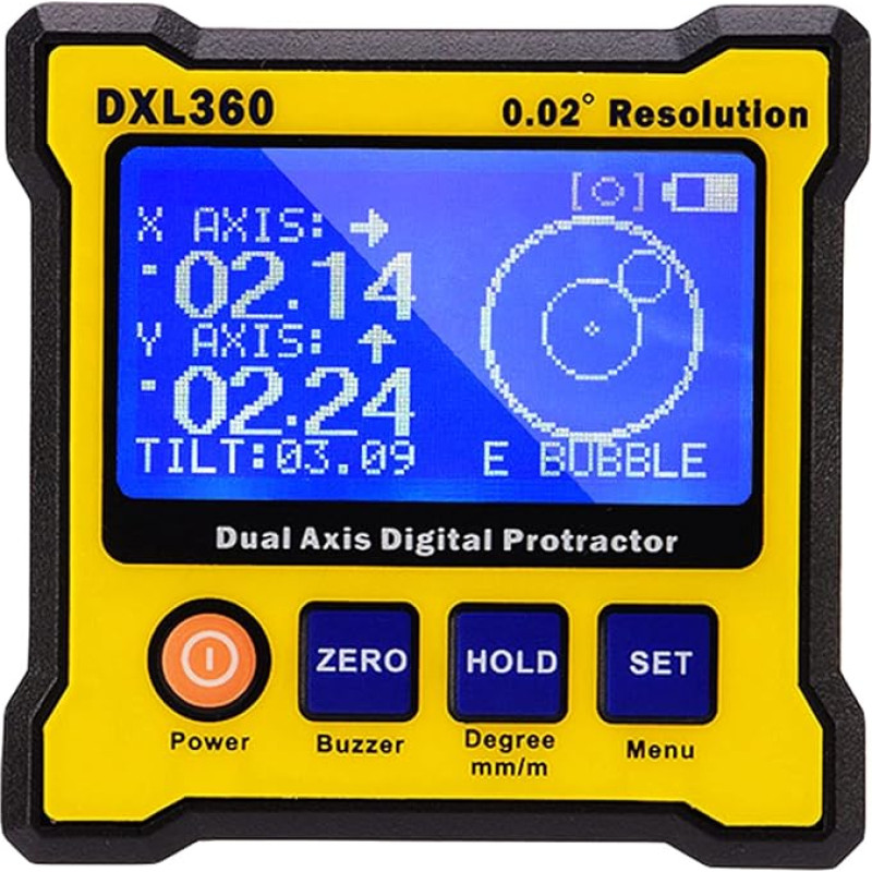 DXL360 lygio dėžutė - DXL360 dviejų ašių lygio matavimo dėžutė Skaitmeninis matlankio inklinometras Kampų liniuotė Aukščio matuoklis 0,02° didelės skiriamosios gebos tikslus matavimo įrankis su LCD ekranu