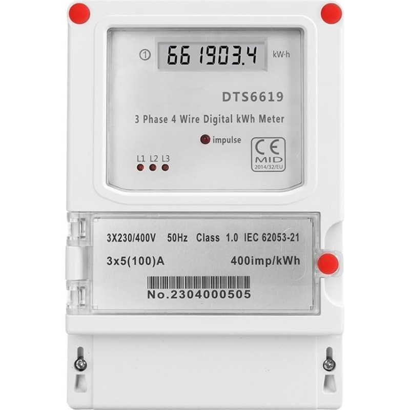 Skaitmeninis sieninis energijos skaitiklis 3 fazių LCD ekranas 3 x 230400V 100A, skirtas naudoti elektros instaliacijose gyvenamuosiuose namuose ir lengvosiose komercinėse patalpose