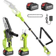 6 colių mini grandininis pjūklas su teleskopiniu strypu ir 33 mm elektriniu genėtuvu, 8000 mAh akumuliatorius, maks. Nuotolis iki 4,8 m, automatinis grandinės įtempimas