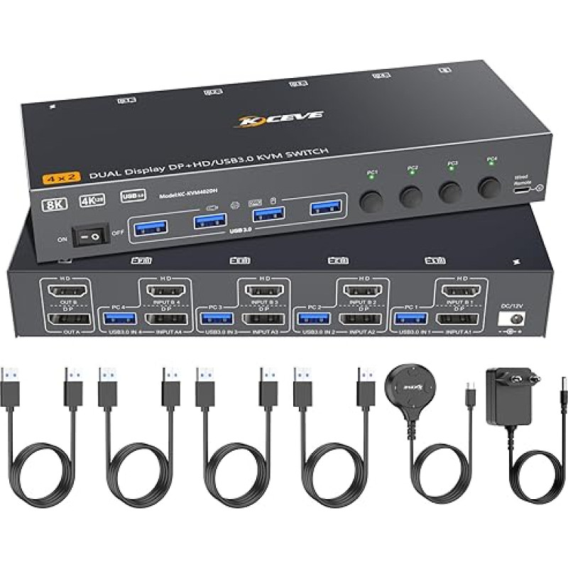 8K@60Hz dviejų monitorių KVM jungiklis, ESKEVE 4K@144Hz HDMI Displayport KVM jungiklis 4 PC 2 monitoriams, dalijantis 2 monitoriais ir 4 USB įrenginiais, laidinis maitinimo šaltinis ir 4 USB 3.0 kabeliai