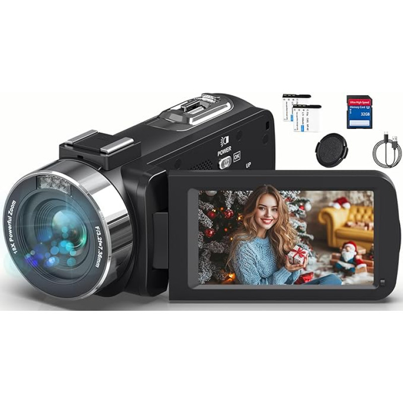 Vaizdo kamera 4K HD 80MP 30FPS su IR naktinio matymo funkcija, 18x skaitmeninis priartinimas, 3,0 colių 270° pasukamas IPS ekranas, 