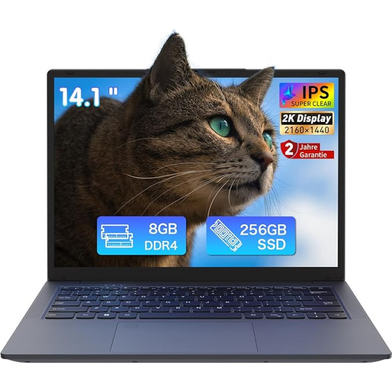 Nešiojamasis kompiuteris 14 colių 2K ekranas (2560 x 1440), keturių branduolių N5105 iki 2,9 GHz, 8 GB DDR4 RAM, 512 GB SSD, 6000 mAh baterija, verslo nešiojamasis kompiuteris su pirštų atspaudų jutikliu, atmintį galima išplėsti iki 8 TB