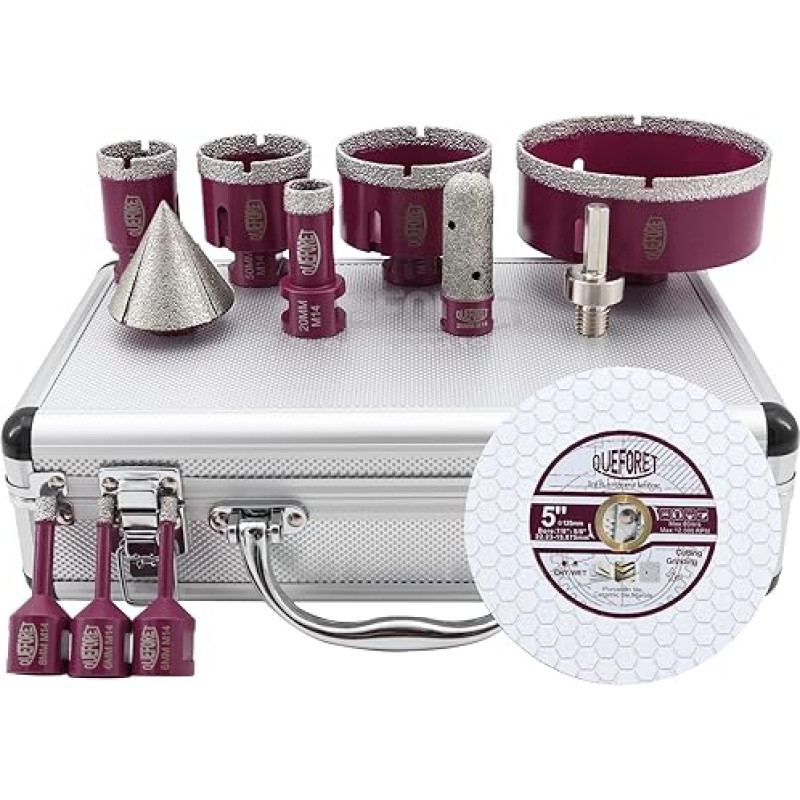 Deimantinių grąžtų rinkinys 12 dalių - 6/6/8/20/35/50/68/110 mm x M14 grąžtai, 20 mm pirštų frezos, 50 mm įstrižainės frezos, adapteris, 125 mm šlifavimo diskas plytelėms iš keramikos, porceliano, marmuro